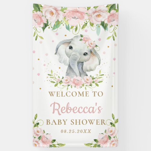 Chic Cute Elephant Pink Floral Backdrop Welcome Banner