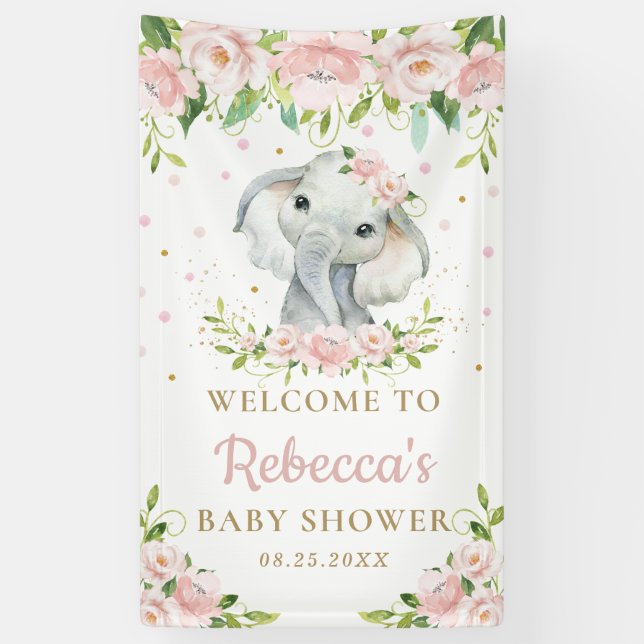 Chic Cute Elephant Pink Floral Backdrop Welcome Banner (Vertical)