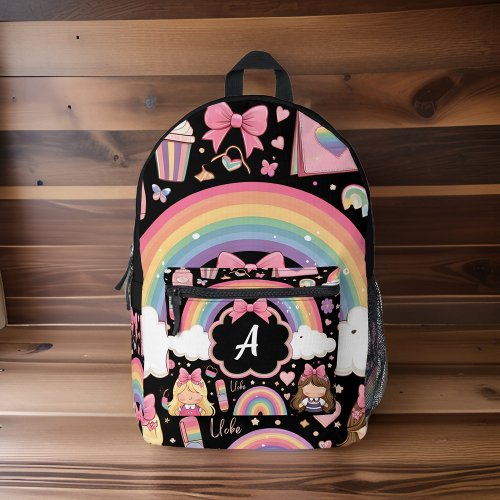 chic cute girls pretty monogram black school kids printed backpack