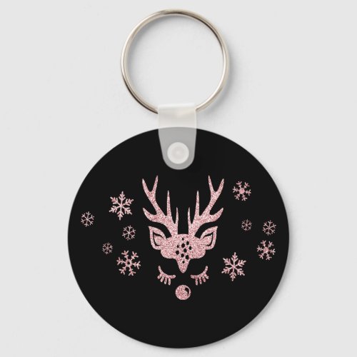 Chic Cute Girly Pink Snowflakes Reindeer Christmas Keychain