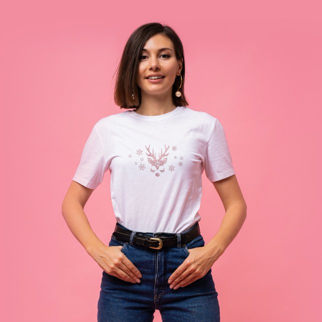 Chic Cute Girly Pink Snowflakes Reindeer Christmas T-Shirt (Creator Uploaded)