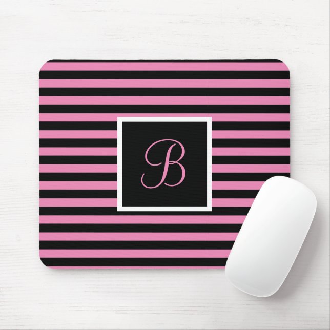 Chic Cute Initial Letter Pink and Black Striped Mouse Pad (With Mouse)