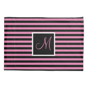 Chic Cute Initial Letter Pink & Black Striped Pillow Case