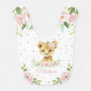 Chic Cute Lion Pink Blush Floral Gold Glitter Baby Bib