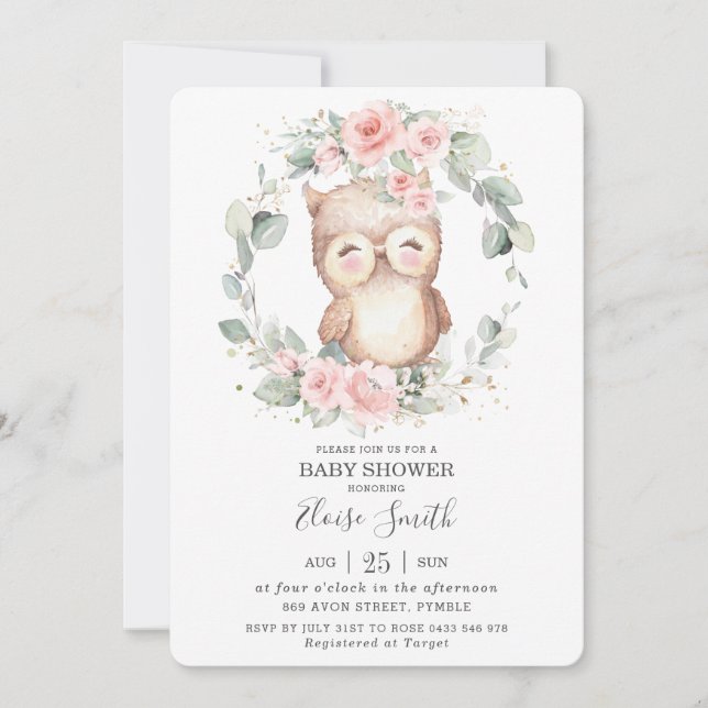 Chic Cute Owl Pink Floral Greenery Baby Shower Invitation (Front)