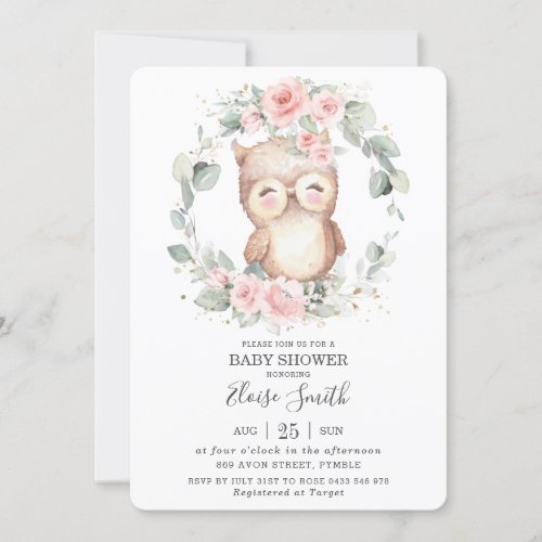 Chic Cute Owl Pink Floral Greenery Baby Shower Invitation