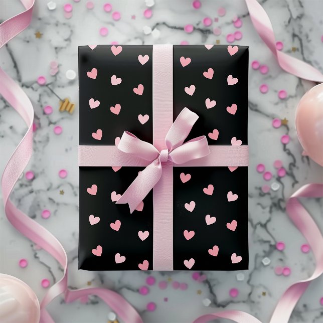 Chic Cute Pink Hearts Black Romantic Wrapping Paper (Creator Uploaded)