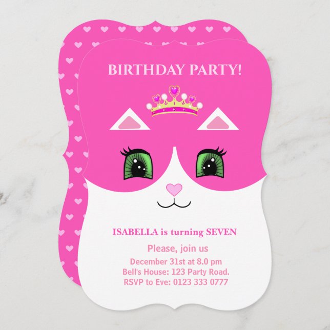 Chic Cute Pink White Tuxedo Cat Invitation (Front/Back)