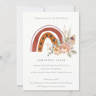 Chic Cute Rust Boho Floral Rainbow Baptism Invite
