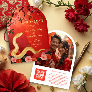 Chic Cute Snake Lunar New Year on Red Floral Save The Date