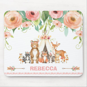 Chic Cute Woodland Animals Floral Boho Tribal Mouse Pad