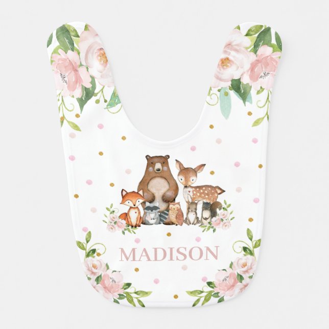 Chic Cute Woodland Animals Pink Blush Floral Baby Bib (Front)