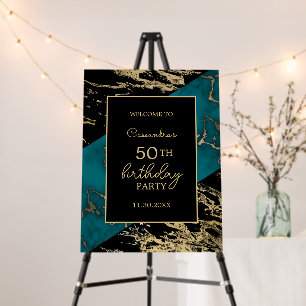 Chic Cyan Marble Gold Foil Paint Texture Birthday Foam Board