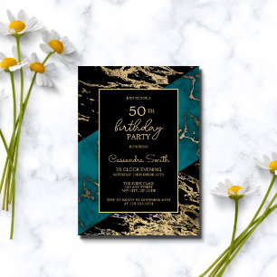 Chic Cyan Marble Gold Foil Paint Texture Birthday Invitation