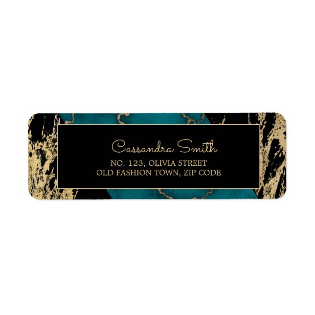 Chic Cyan Marble Gold Foil Paint Texture Birthday Label (Front)