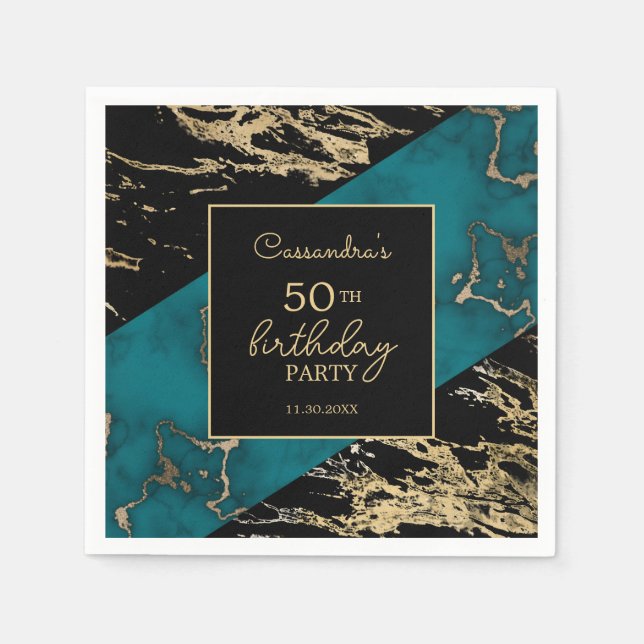 Chic Cyan Marble Gold Foil Paint Texture Birthday Napkins (Front)