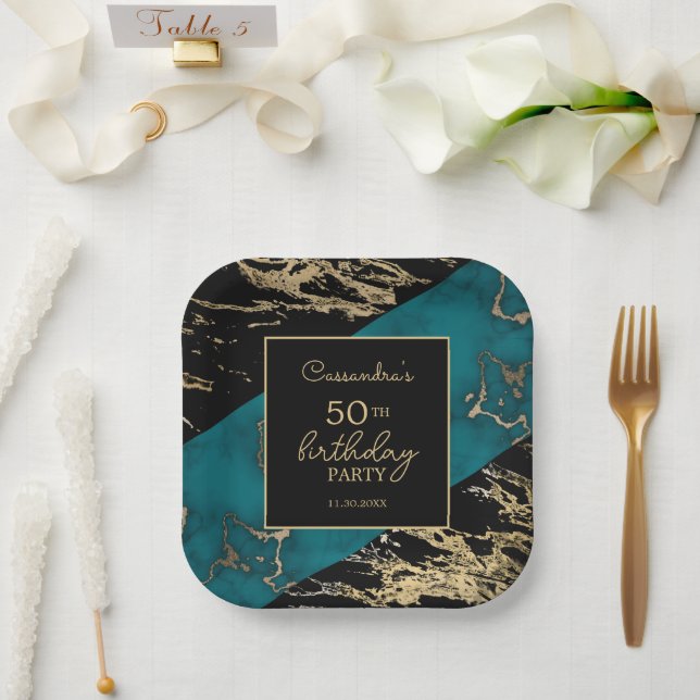 Chic Cyan Marble Gold Foil Paint Texture Birthday Paper Plates (Wedding)