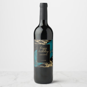 Chic Cyan Marble Gold Foil Paint Texture Birthday Wine Label