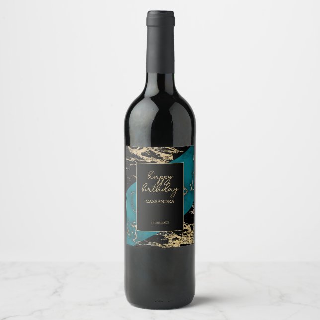 Chic Cyan Marble Gold Foil Paint Texture Birthday Wine Label (Front)