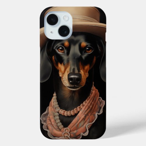 Chic Dachshund With Cream Hat iPhone 15 Case