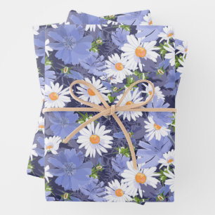 Chic Daisies Periwinkles Floral Wrapping Paper Sheets