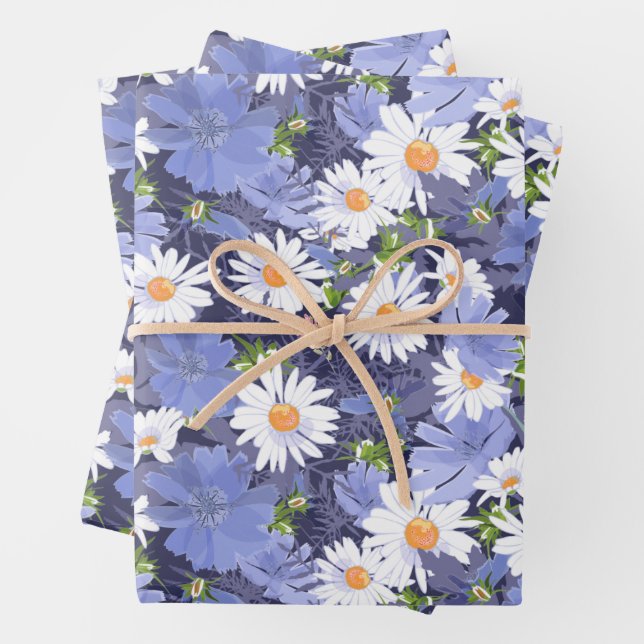 Chic Daisies Periwinkles Floral Wrapping Paper Sheets (In situ)