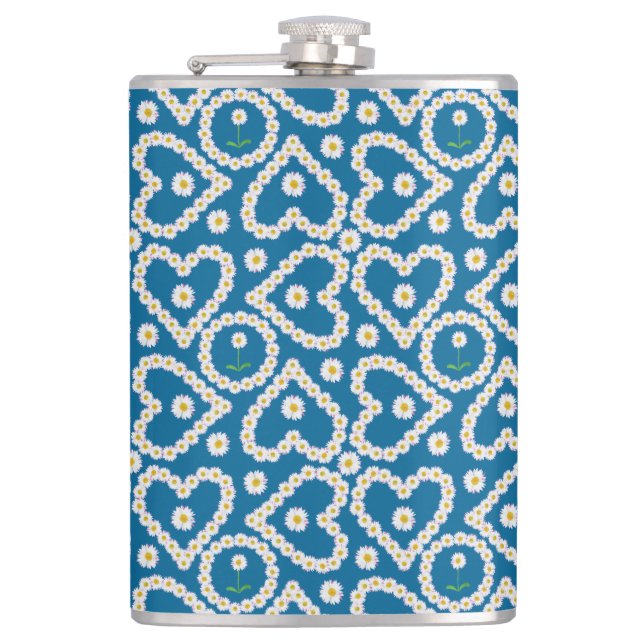 Chic Daisy Chains on Blue, Vinyl-wrapped Hip Flask (Front)