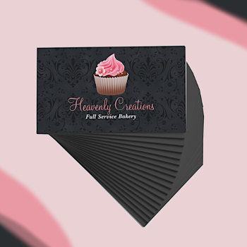 Chic Damask And Cupcake Bakery Business Card by DizzyDebbie at Zazzle