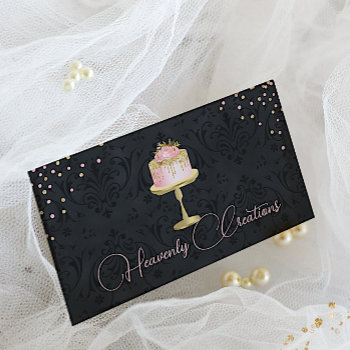 Chic Damask And Fancy Cake Bakery Business Card by DizzyDebbie at Zazzle