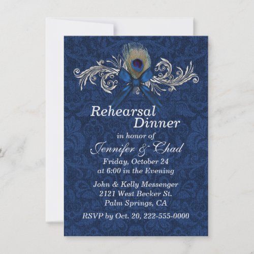 Chic Damask and Peacock Feather Wedding Rehearsal Custom Invitation