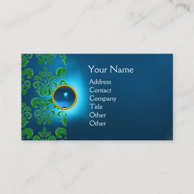 CHIC DAMASK GEM  MONOGRAM blue green Business Card (Front)
