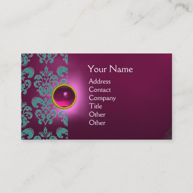 CHIC DAMASK GEM  MONOGRAM pink blue Business Card (Front)