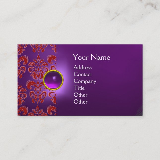 CHIC DAMASK GEM  MONOGRAM purple red Business Card (Front)