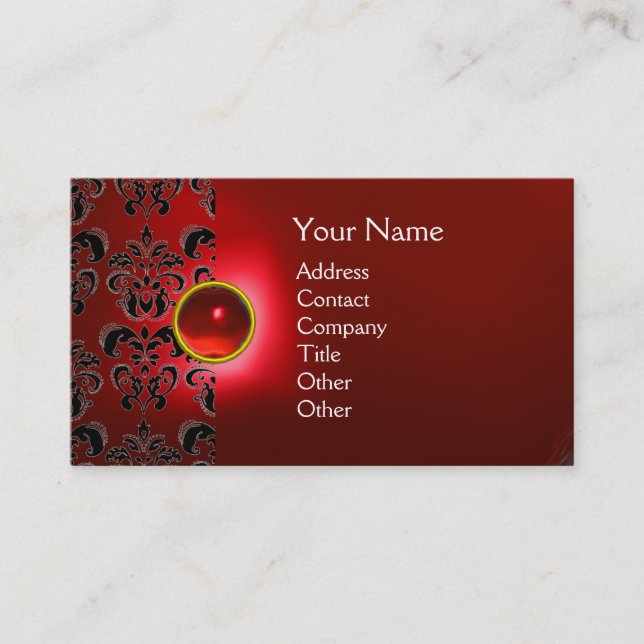 CHIC DAMASK GEM  MONOGRAM red Business Card (Front)