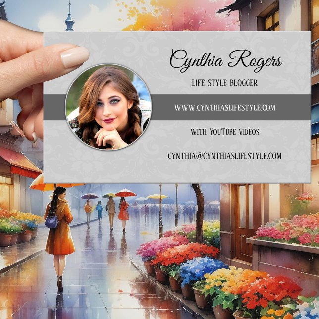 Chic Damask Grey Photo Blogger Business Card (Business card featuring your own photo framed by a simple grey elegant design with a damask pattern)