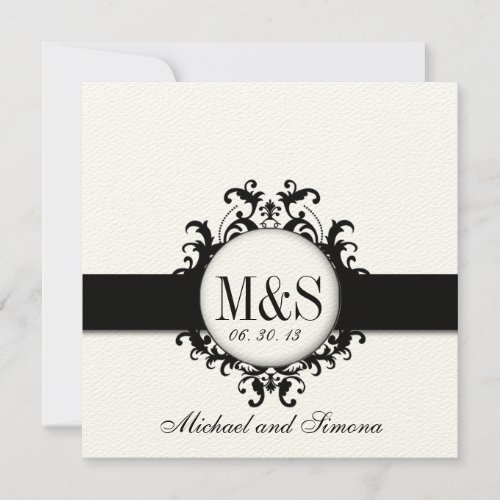 Chic Damask Monograms Wedding Black Cream Invitations