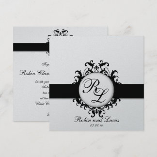 Chic Damask Monograms Wedding Silver Black White Invitation