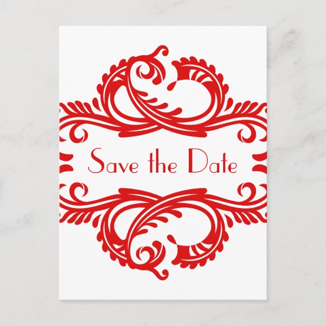 Chic Damask Save the Date Postcard, Red Announcement Postcard (Front)