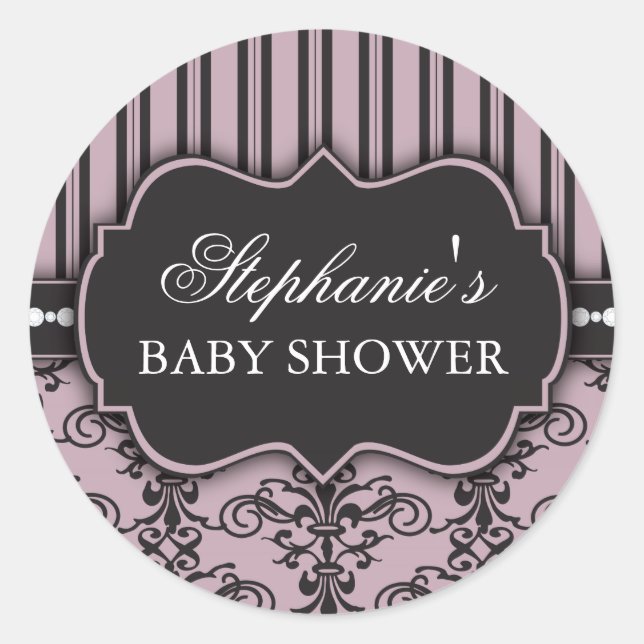 Chic Damask & Stripe Baby Shower Favor Sticker (Front)