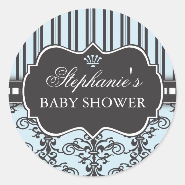 Chic Damask & Stripe Baby Shower Favor Sticker (Front)