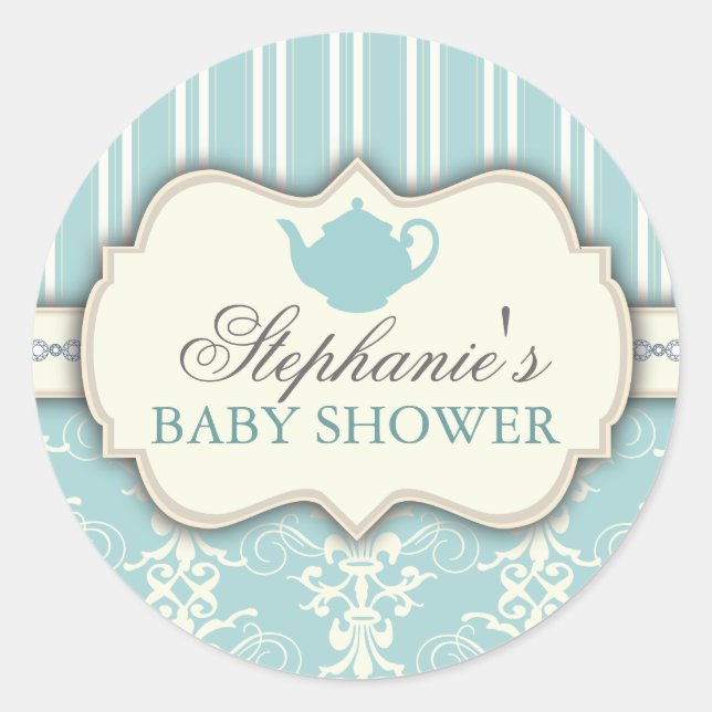 Chic Damask & Stripe Baby Shower Favor Sticker (Front)