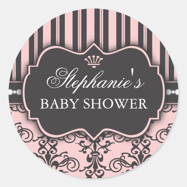 Chic Damask & Stripe Baby Shower Favor Sticker (Front)