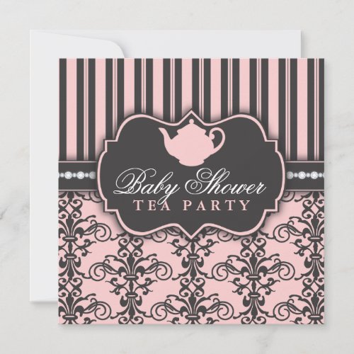 Chic Damask  Stripe Baby Shower Tea Invitation