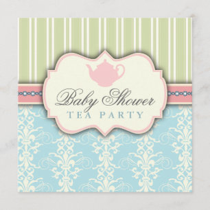 Chic Damask & Stripe Baby Shower Tea Invitation
