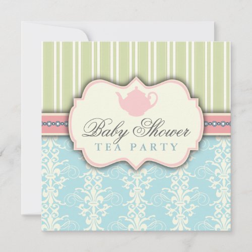 Chic Damask &amp; Stripe Baby Shower Tea Invitation