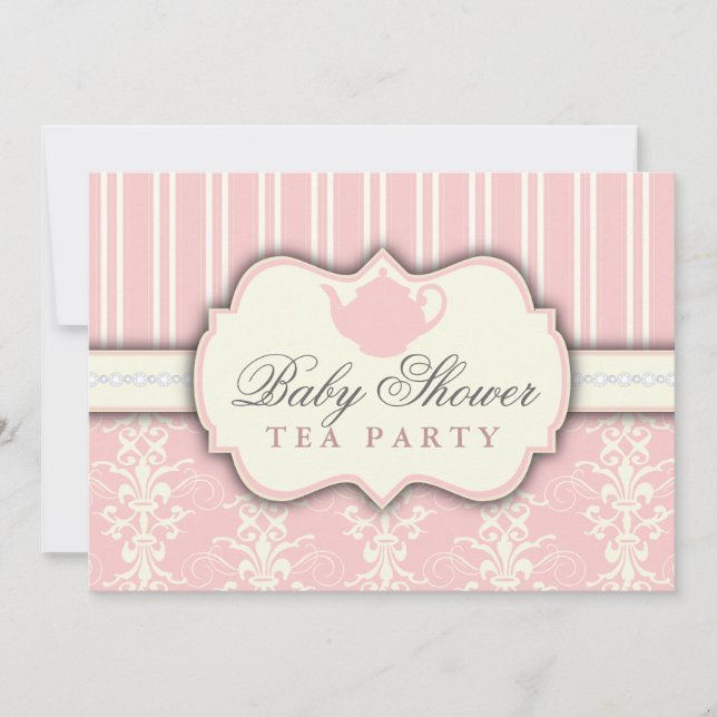 Chic Damask & Stripe Baby Shower Tea Invitation (Front)