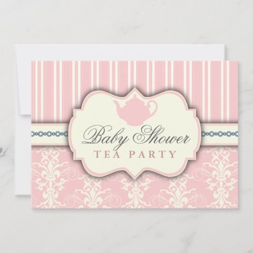 Chic Damask &amp; Stripe Baby Shower Tea Invitation