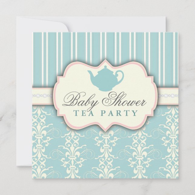 Chic Damask & Stripe Baby Shower Tea Invitation (Front)