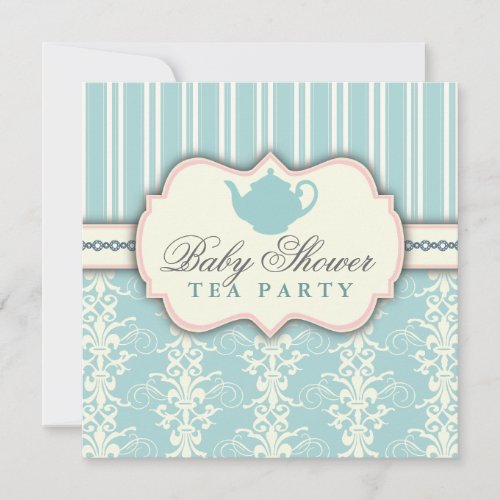 Chic Damask &amp; Stripe Baby Shower Tea Invitation
