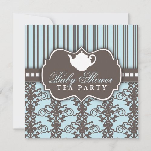 Chic Damask &amp; Stripe Baby Shower Tea Invitation